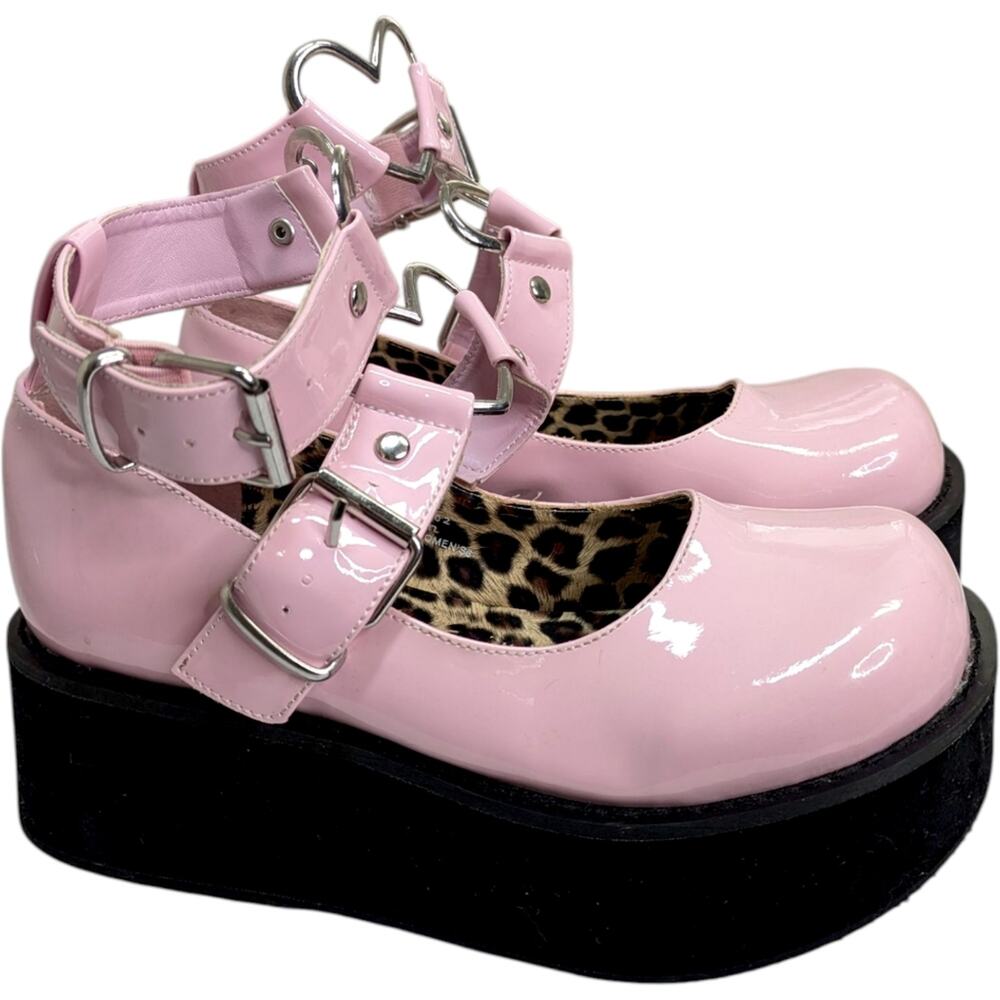 Demonia Sprite O2 Baby Pink Patent Platform Mary Jane 6 Heart Strap Lolita Goth - Picture 3 of 11